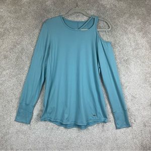 Tahari Sport Shirt Womens Medium Blue Long Sleeve Pullover Open Shoulder- 8679